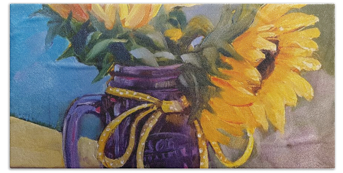 Sunflowers / Purple Mug Bath Towel featuring the painting Sunflowers/ purple mug by Judy Fischer Walton