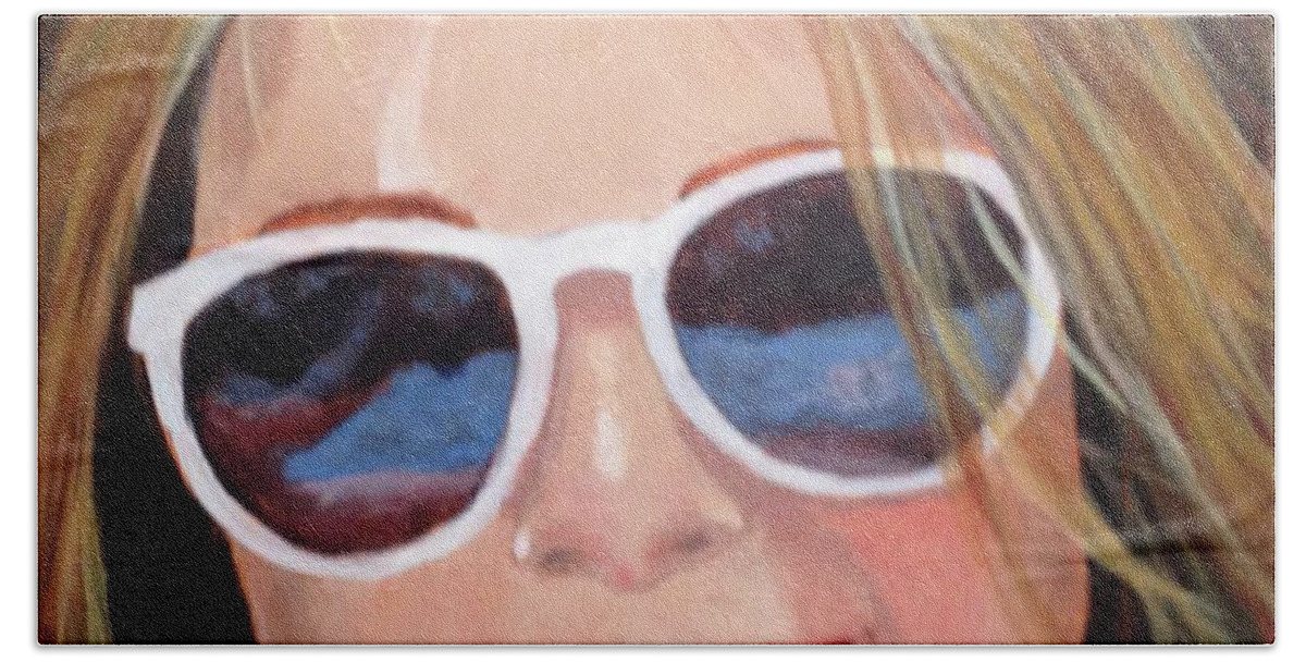 Portrait Hand Towel featuring the painting Sunglass reflections by Donna Tucker