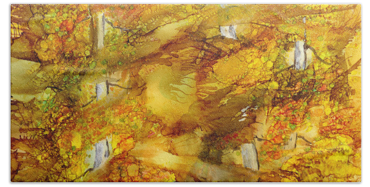 Aspen Hand Towel featuring the painting Sunlight Dancing in the Aspen Forest by Charlene Fuhrman-Schulz