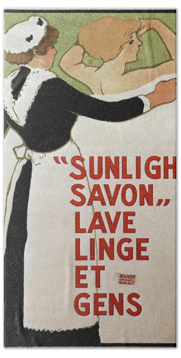 Sunlight Bath Towel featuring the mixed media Sunlight Savon - Washing Soap - Vintage Soap Advertising Poster by Studio Grafiikka