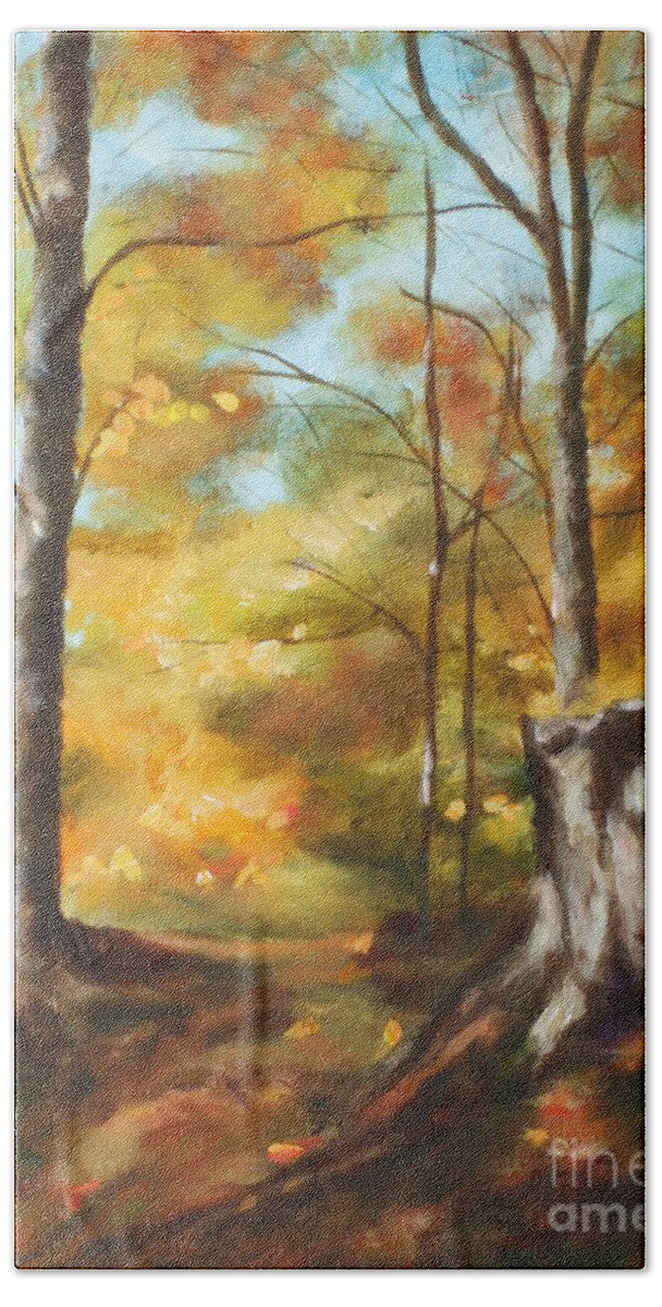 Painting Bath Towel featuring the painting Sunlit Tree Trunk by Claire Gagnon