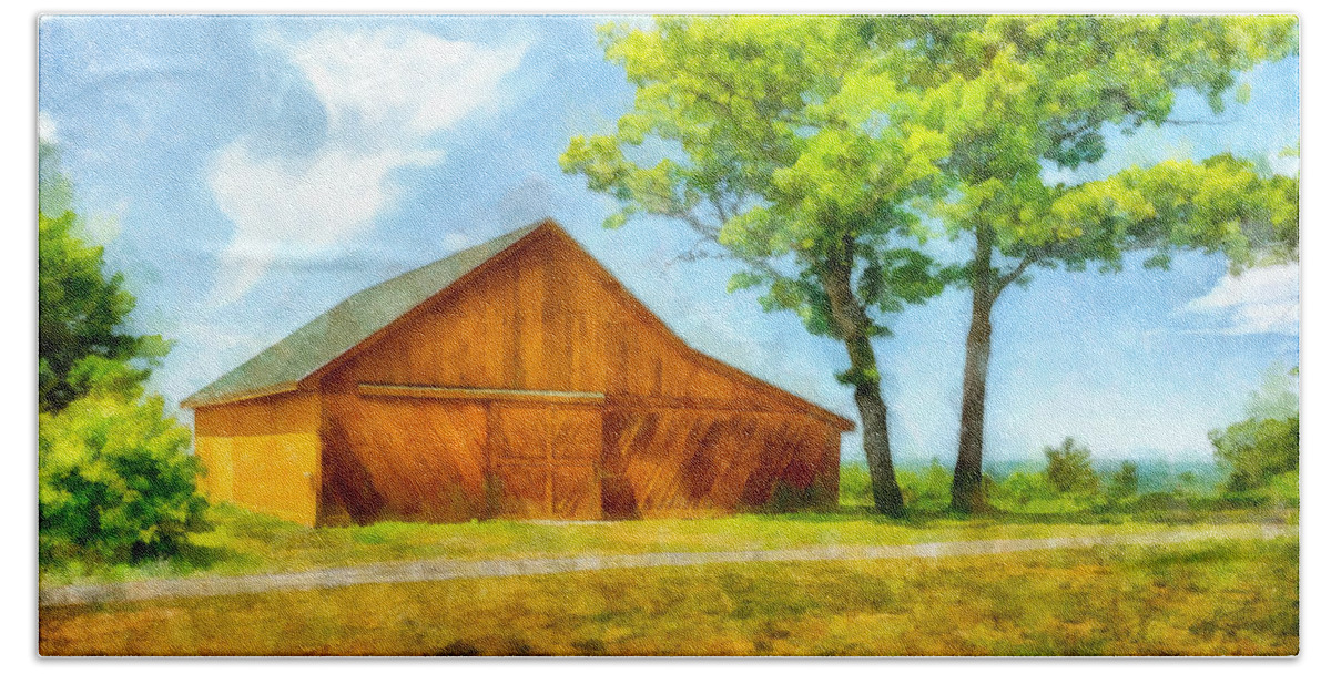 Landscape Hand Towel featuring the photograph Sunny Barn and Trees by Betty Denise