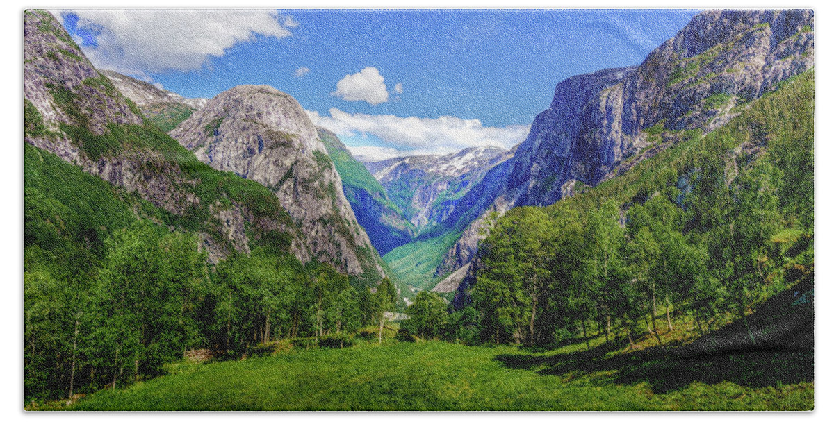 Europe Bath Towel featuring the photograph Sunny day in Naroydalen valley by Dmytro Korol