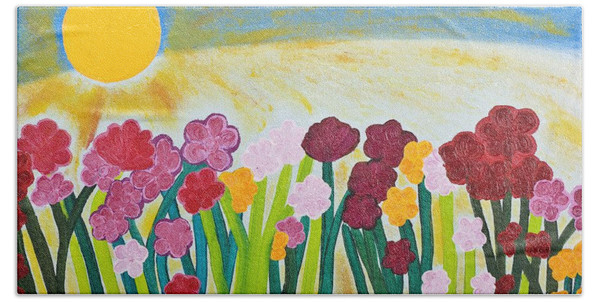 Oil Bath Towel featuring the painting Sunny Garden by Hagit Dayan