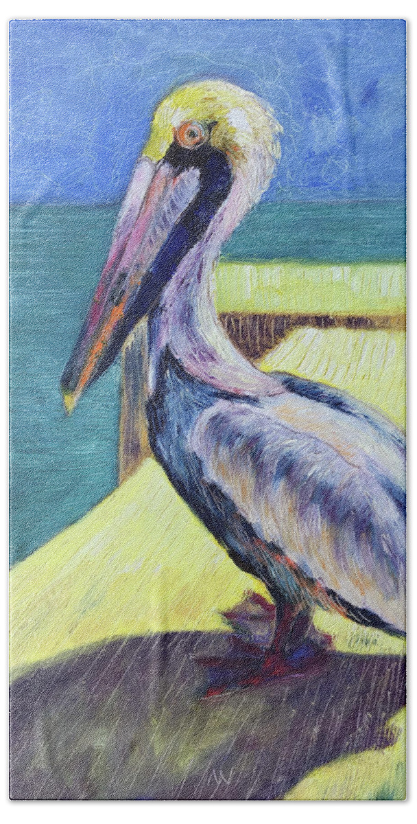 Pelican Hand Towel featuring the painting Sunny Pelican by AnneMarie Welsh