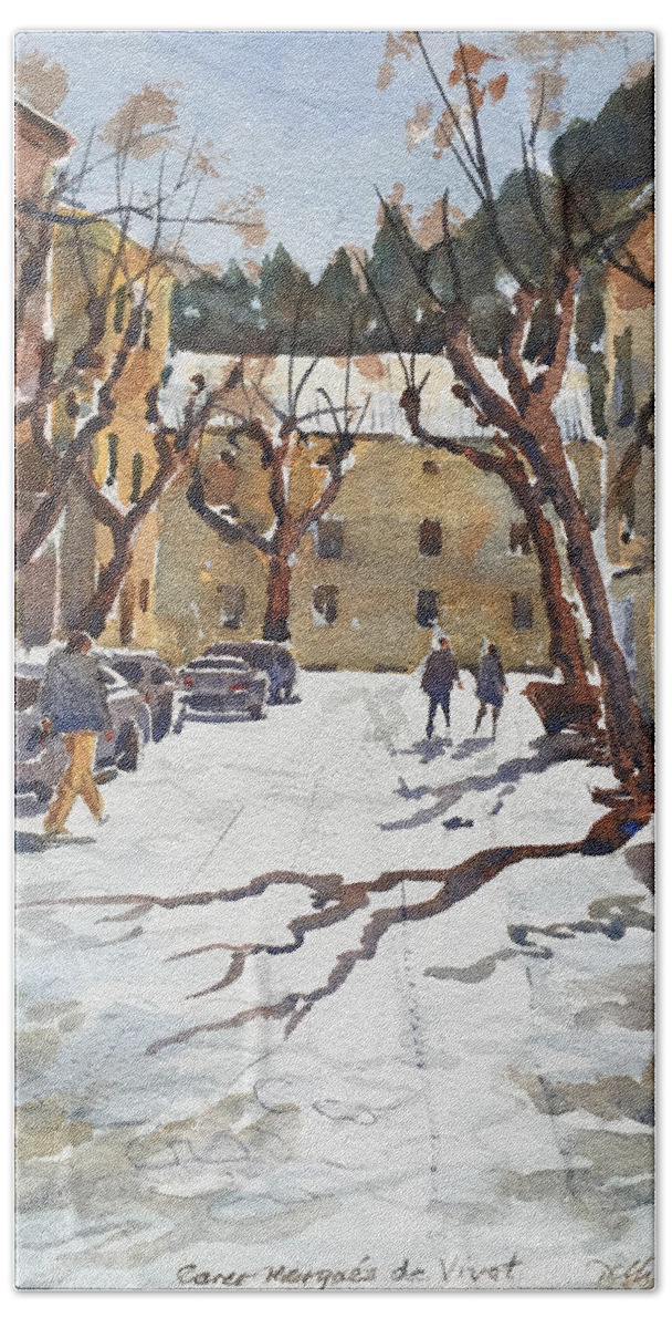 Late Winter Hand Towel featuring the painting Sunny Street, Valledemossa by David Gilmore