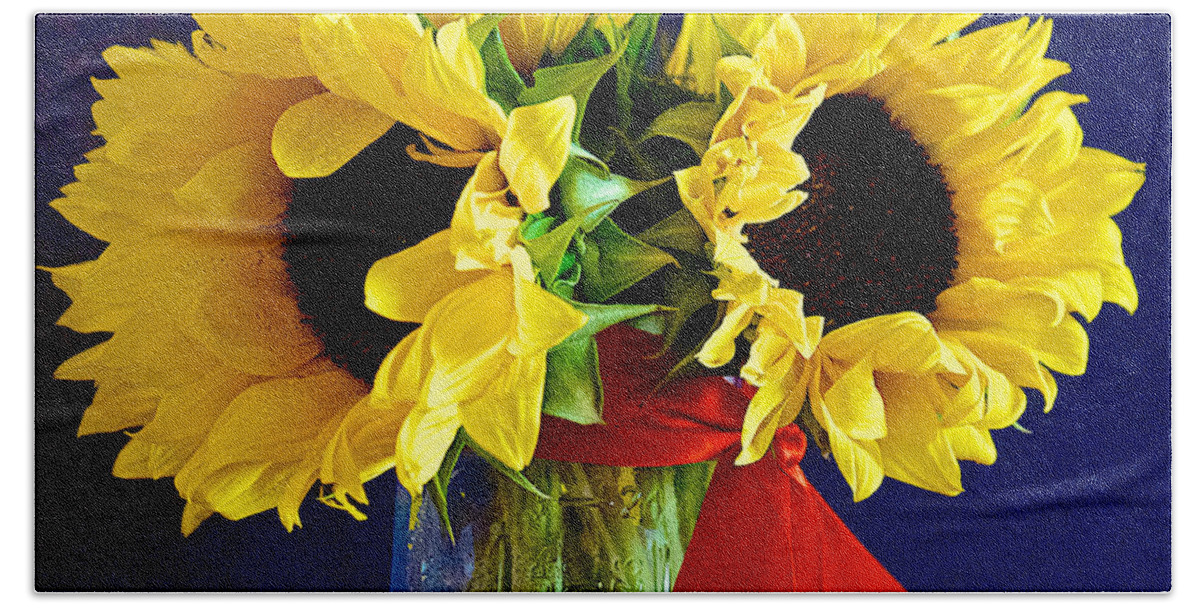 Sunflowers Hand Towel featuring the photograph Sunny Trio by Barbara Zahno
