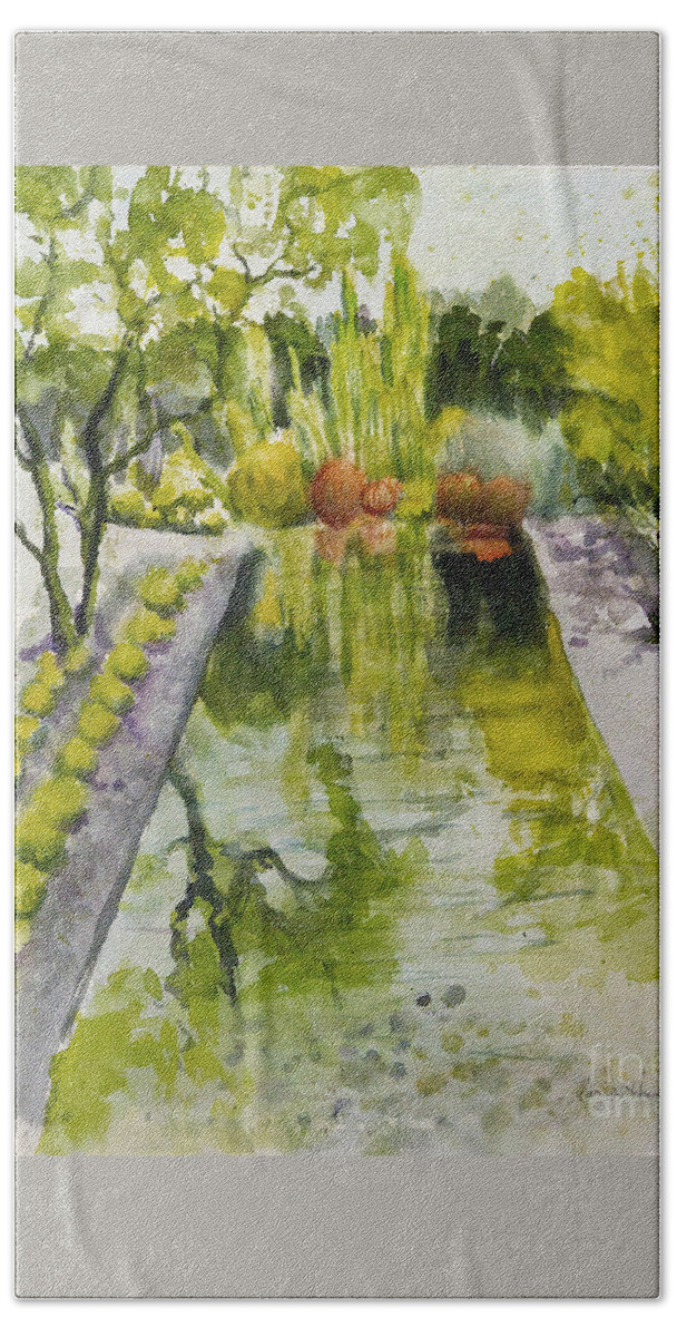 Landscape Hand Towel featuring the painting Infinity Pool In the Gardens at Annenburg Estate by Maria Hunt