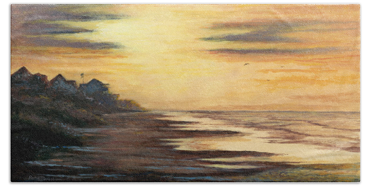 Sunrise Bath Towel featuring the painting Sunrise at Crystal Beach by Randy Welborn
