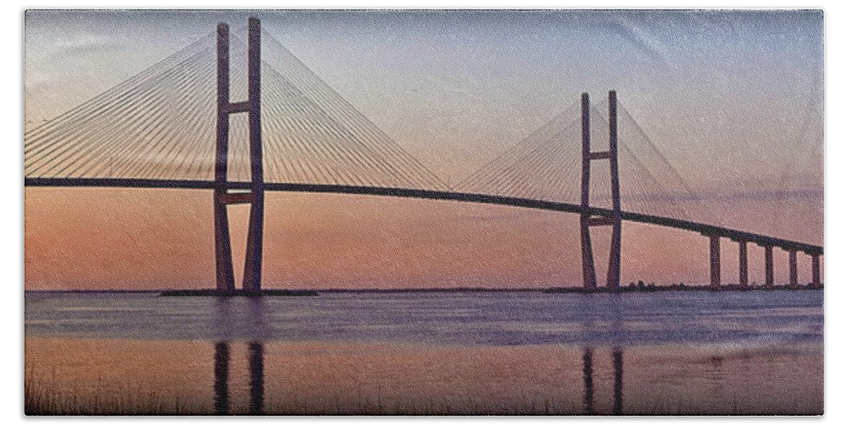 Sidney Hand Towel featuring the photograph Sunrise at the Sidney Lanier Bridge by Farol Tomson