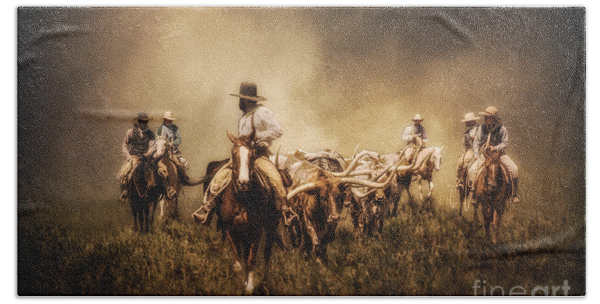 Sunrise Cattle Drive Hand Towel featuring the photograph Sunrise Cattle Drive by Priscilla Burgers