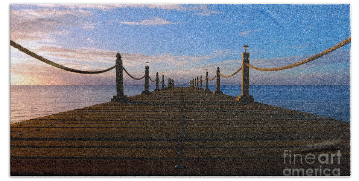 seascape Sunrises Bath Towel featuring the photograph Sunrise Morning Bliss Pier 140A by Ricardos Creations