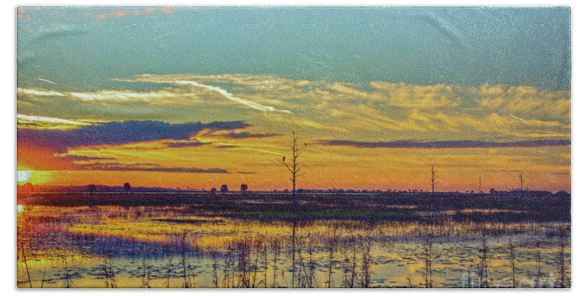 Bird Bath Towel featuring the photograph Sunrise Over a Saint Marks National Wildlife Refuge Lagoon by DB Hayes