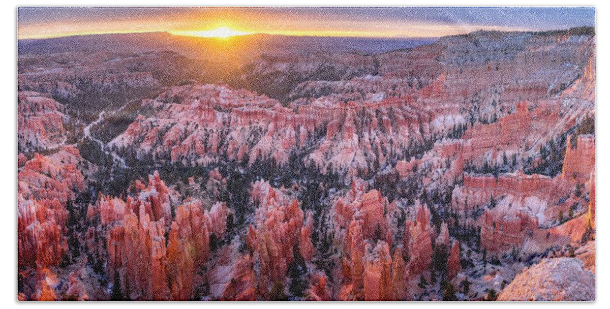 Bryce Canyon Bath Towel featuring the photograph Sunrise over Bryce Canyon by Mati Krimerman