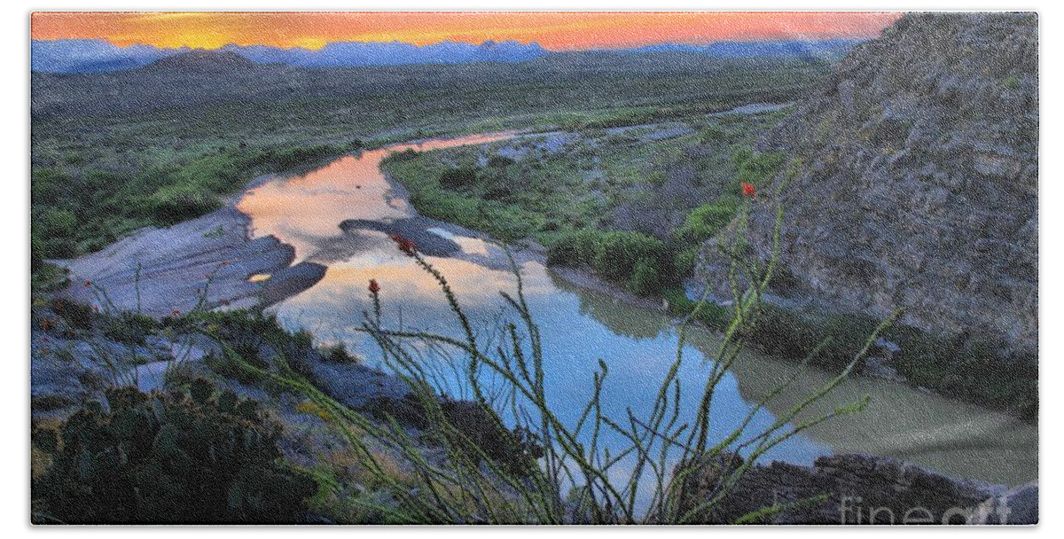 Santa Elena Bath Towel featuring the photograph Sunrise Over The Ocatillo by Adam Jewell