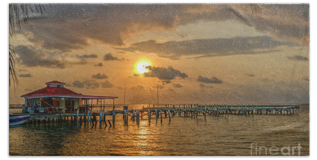 Sunrise Pier Hand Towel featuring the photograph Sunrise Pier over Water by David Zanzinger