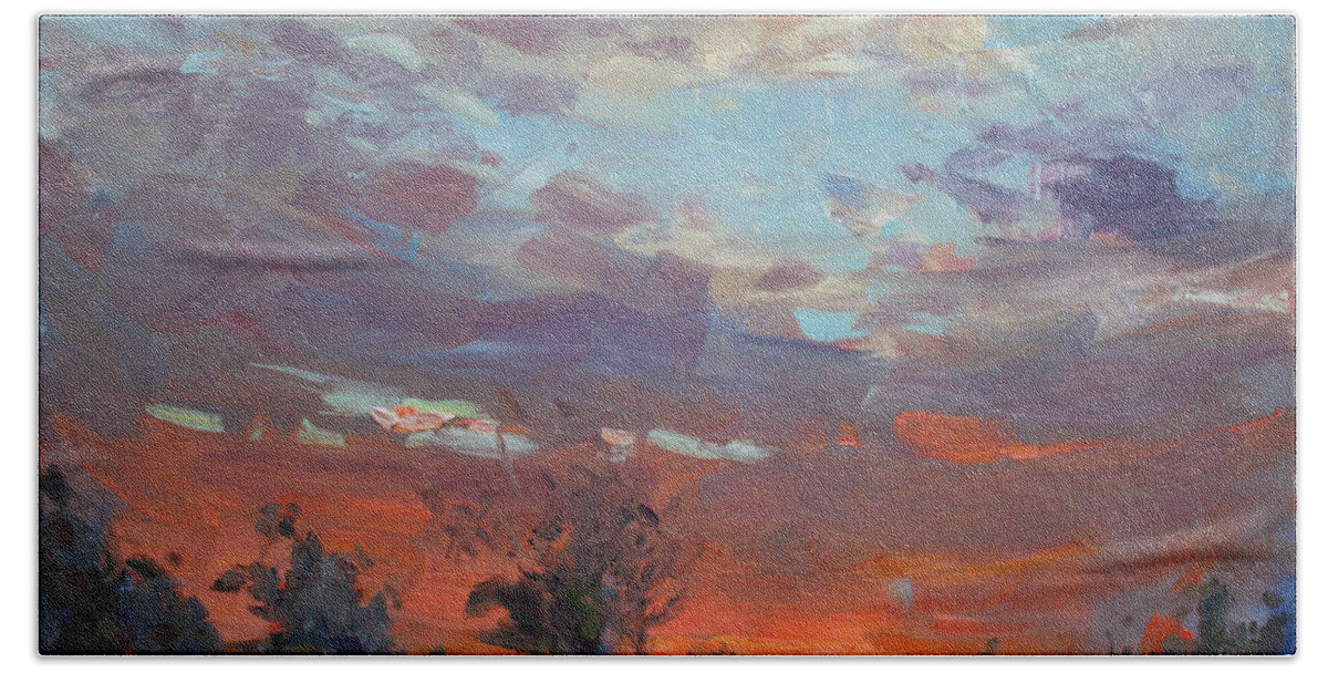 Sunset Hand Towel featuring the painting Sunset after Thunderstorm by Ylli Haruni