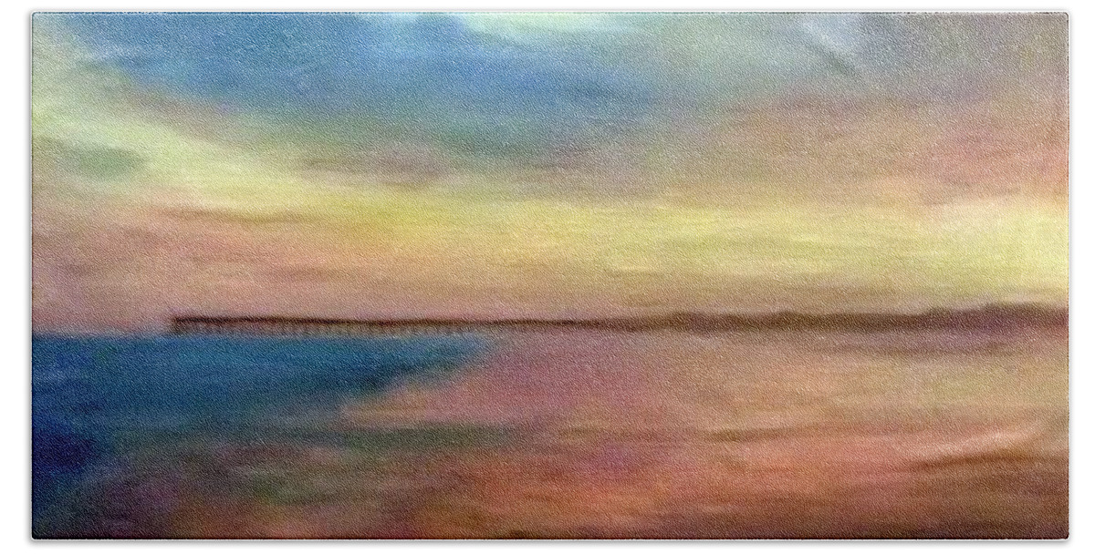 Sunset Bath Towel featuring the painting Sunset and Pier by Peter Gartner