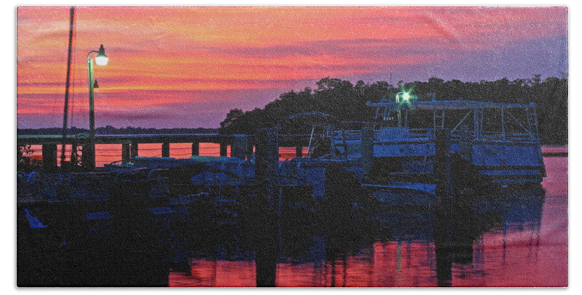 Sunset Bath Towel featuring the photograph Sunset at Florida Estero Bay Marina by Juergen Roth