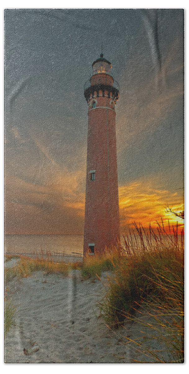 Lighthouse Hand Towel featuring the photograph Sunset at Petite Pointe Au Sable by Susan Rissi Tregoning