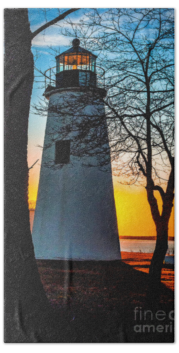 Turkey Point Hand Towel featuring the photograph Sunset at Turkey Point Lighthouse by Nick Zelinsky Jr