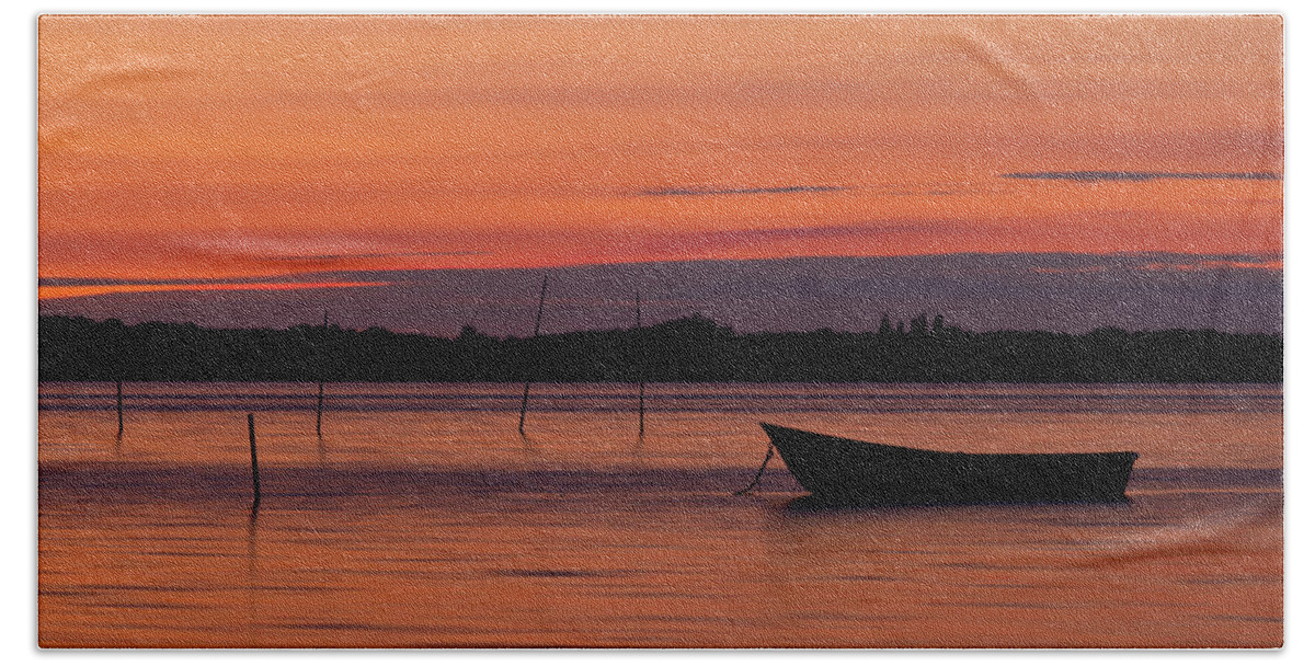 Boat Bath Towel featuring the photograph Sunset Boat by Gert Lavsen