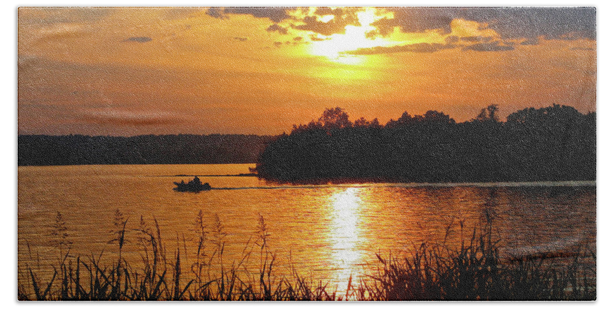 Smith Mountain Lake Hand Towel featuring the photograph Sunset Boater, Smith Mountain Lake by The James Roney Collection