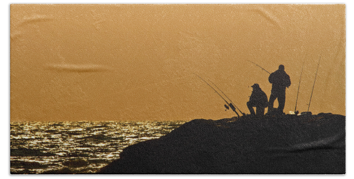 Sunset Hand Towel featuring the photograph Sunset Fishermen by David Freuthal