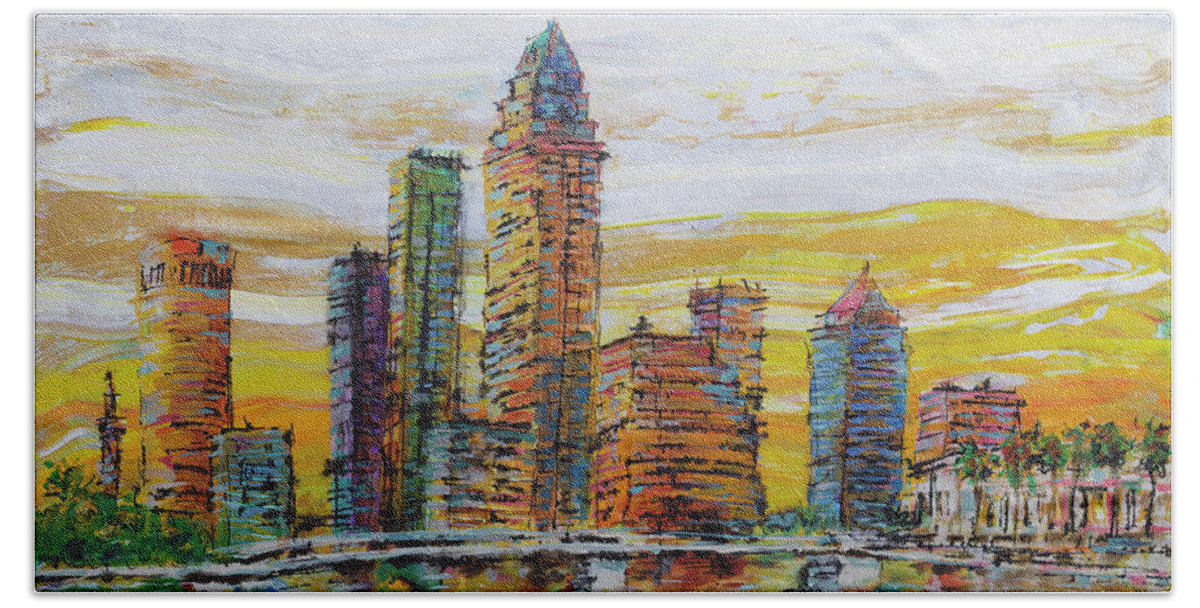 Tampa Skyline Bath Towel featuring the painting Sunset glow in Tampa by Jyotika Shroff