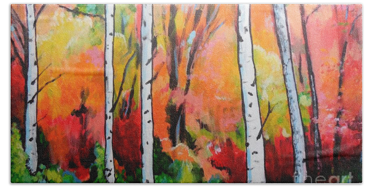 Sunset Bath Towel featuring the painting Sunset in an Aspen Grove by Cami Lee