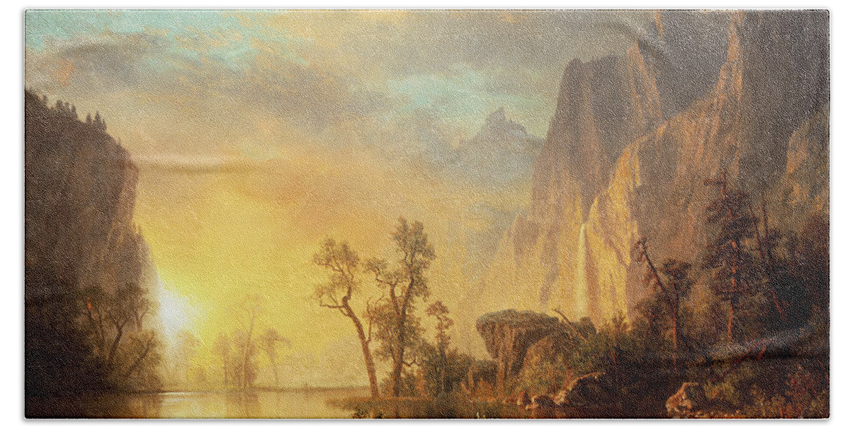 Bierstadt Hand Towel featuring the painting Sunset in the Rockies by Albert Bierstadt