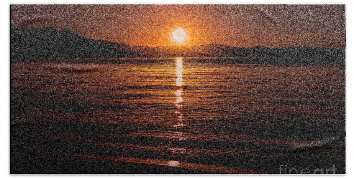 Alpine; Beautiful; Green; Island; Joe Lach; Lake; Nature; Serene; Sun Reflection; Sunset; Yellow Hand Towel featuring the photograph Sunset Lake 810pm Textured by Joe Lach