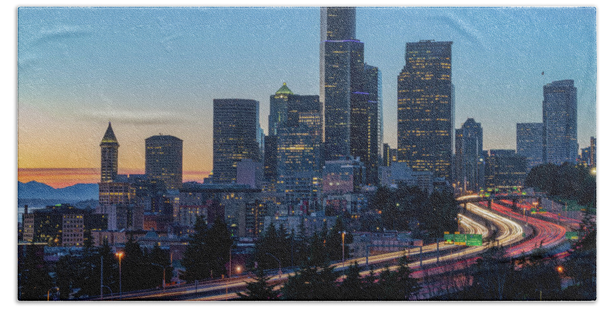 City Hand Towel featuring the photograph Sunset Night-Freeway Lights by Ken Stanback