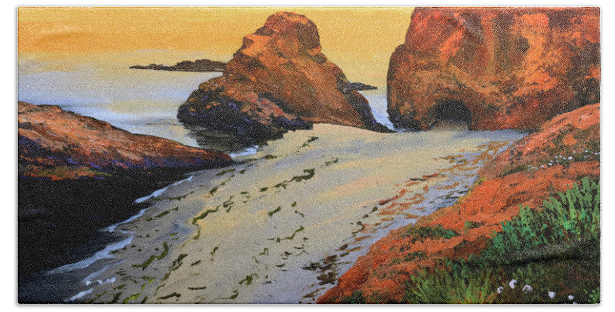 Sunset North Of Fort Bragg Ca Bath Towel featuring the painting Sunset North Of Fort Bragg CA by Frank Wilson
