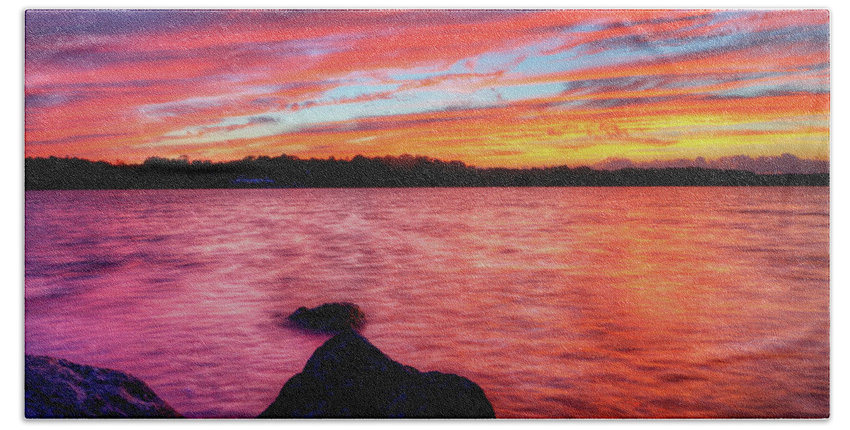 Guilford Lake Bath Towel featuring the photograph Sunset of Fire by David Dufresne