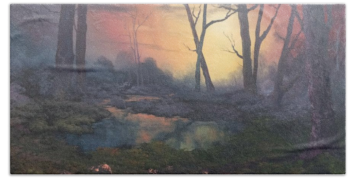Forest Bath Towel featuring the painting Sunset on Cannock Chase by Jean Walker