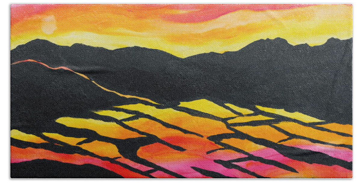 Abstract Bath Towel featuring the painting Sunset on Rice Fields I by Michele Myers