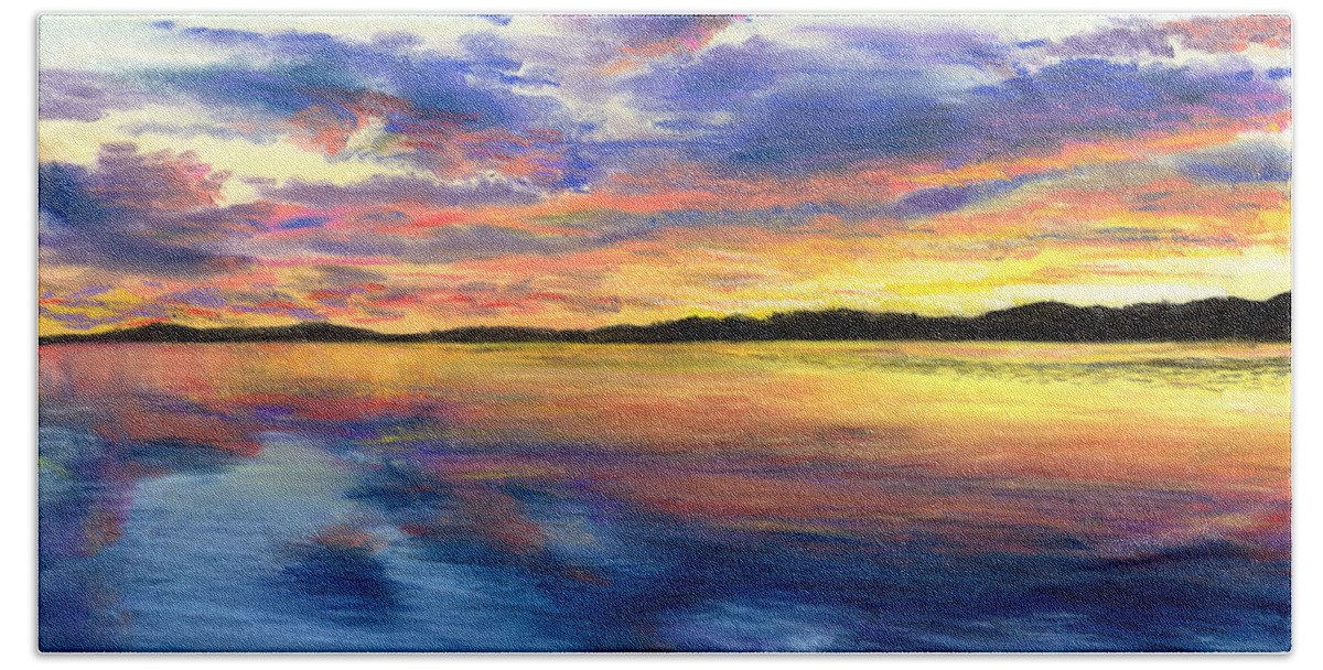 Maine Bath Towel featuring the drawing Sunset on Snow Pond by Shana Rowe Jackson