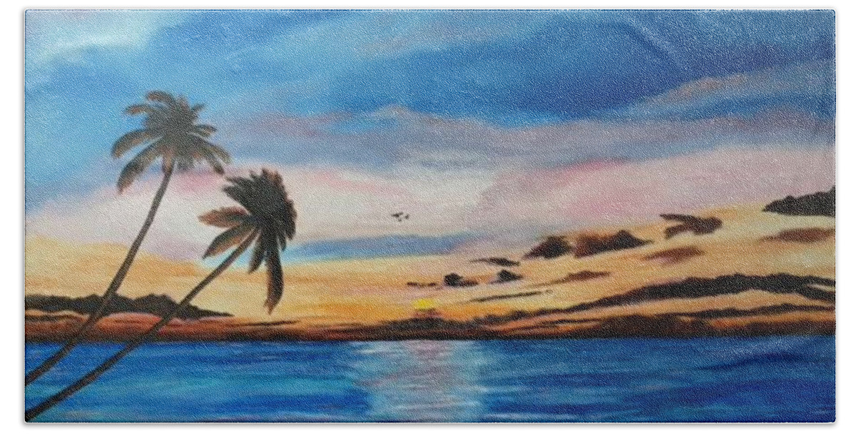 Sunset Bath Towel featuring the painting Sunset On The Island Of Siesta Key by Lloyd Dobson