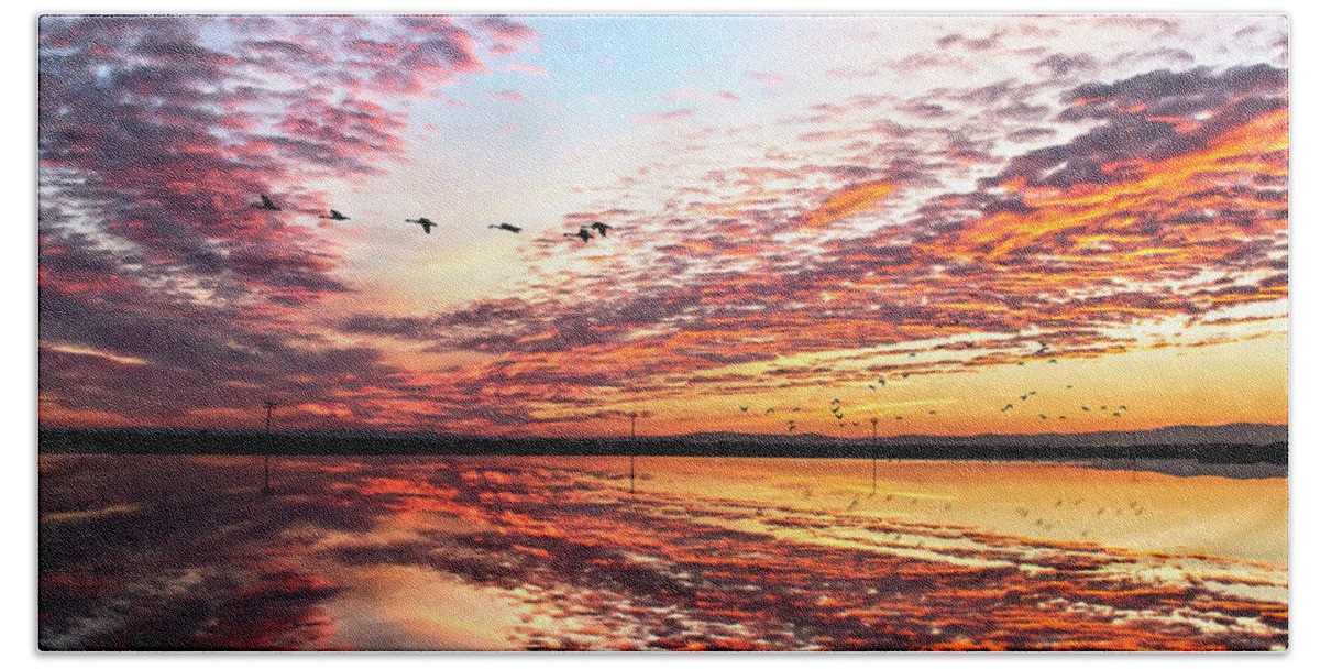 Sunset Hand Towel featuring the photograph Sunset on the pacific flyway by Abram House