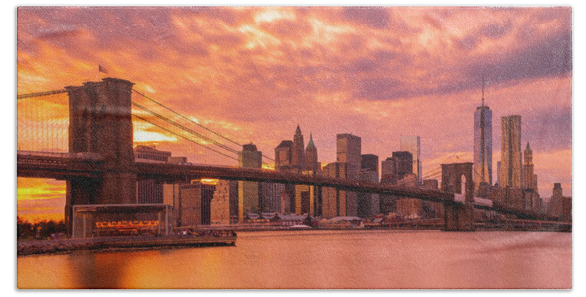 Sunset Hand Towel featuring the photograph Sunset over Brooklyn Bridge in New York City Skyline Panorama by Ranjay Mitra