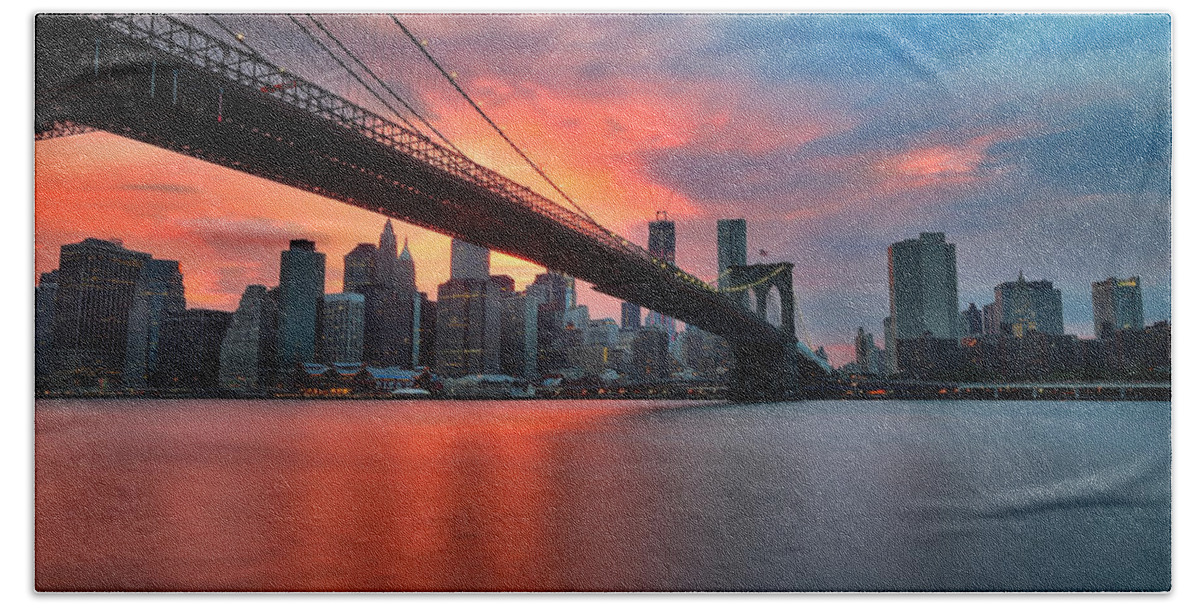 Sunset Hand Towel featuring the photograph Sunset over Manhattan by Larry Marshall
