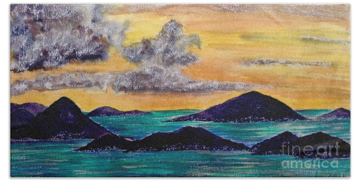 Sunsets Bath Towel featuring the painting Sunset over The Virgin Islands by Joan-Violet Stretch