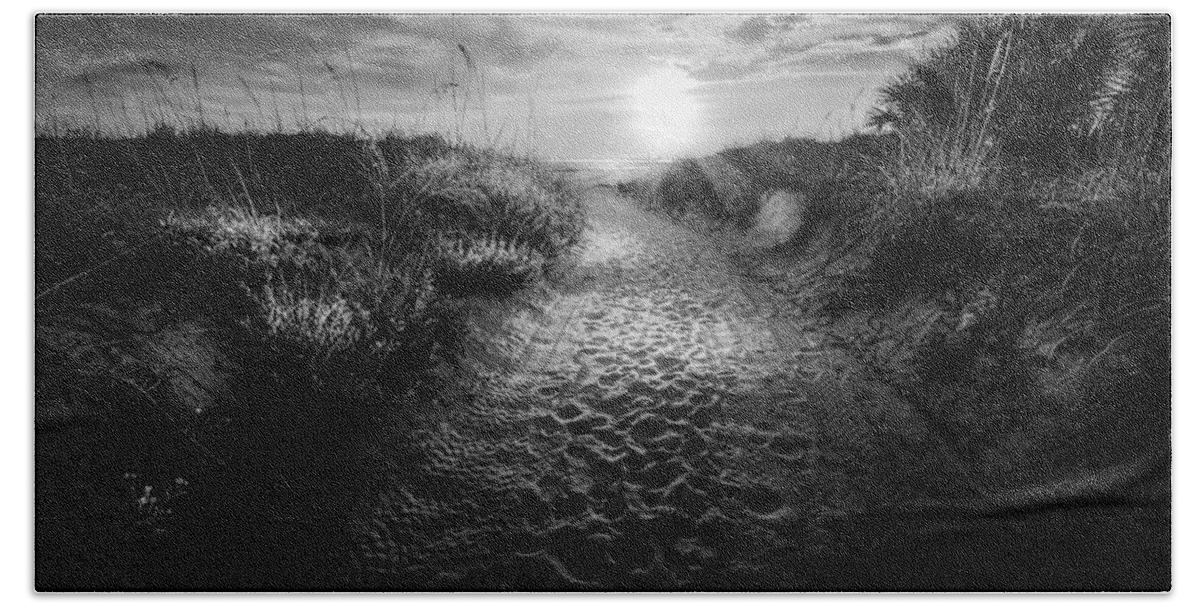 Summer Breezes Bath Sheet featuring the photograph Sunset Path - BW by Marvin Spates