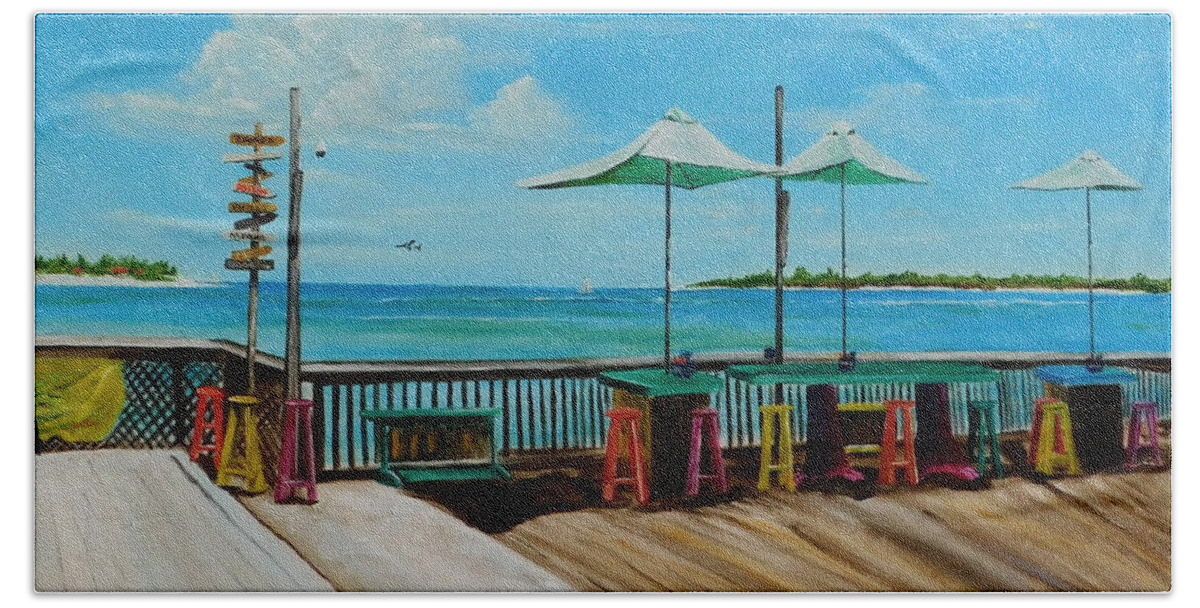 An Incredible View From The Sunset Pier Tiki Bar In Key West Florida Bath Towel featuring the painting Sunset Pier Tiki Bar - Key West Florida by Lloyd Dobson