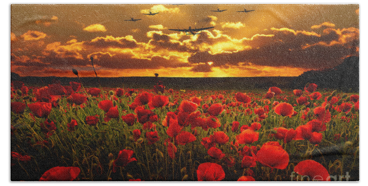 Avro Bath Towel featuring the digital art Sunset Poppies The BBMF by Airpower Art