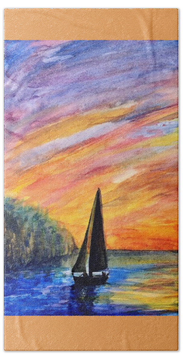 Sunset Bath Towel featuring the painting Sunset Sail by Deb Stroh-Larson