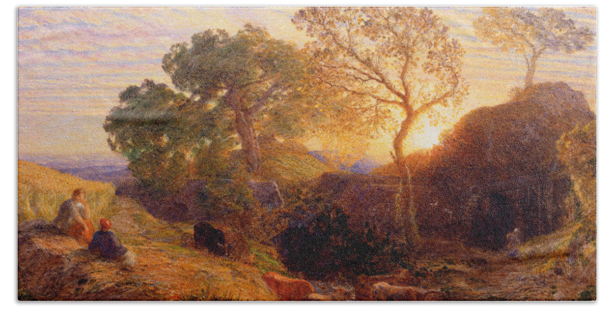 Sunset Hand Towel featuring the painting Sunset by Samuel Palmer