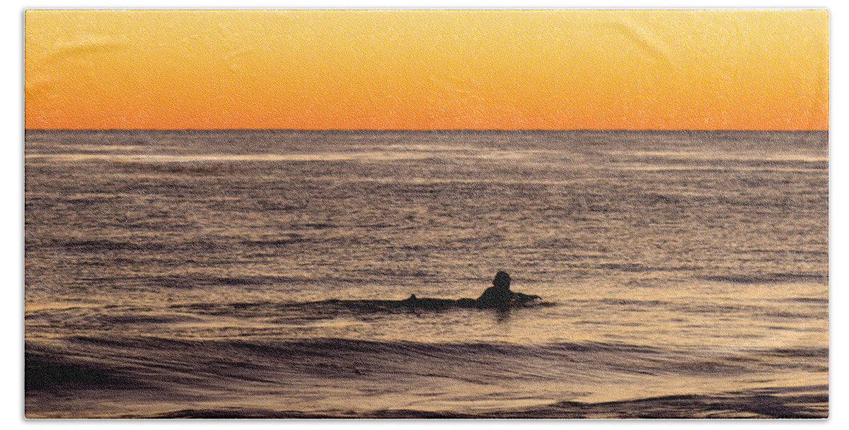Sunset Hand Towel featuring the photograph Sunset Surfer by Shawn Jeffries