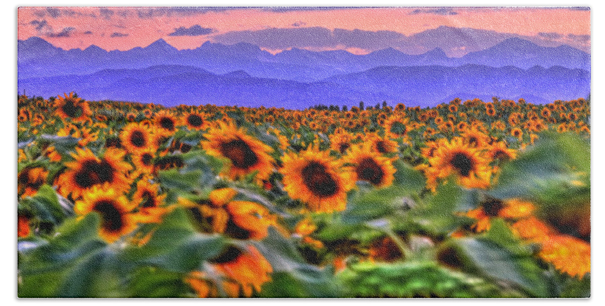 Sunsets Bath Towel featuring the photograph Sunsets and Sunflowers by Scott Mahon